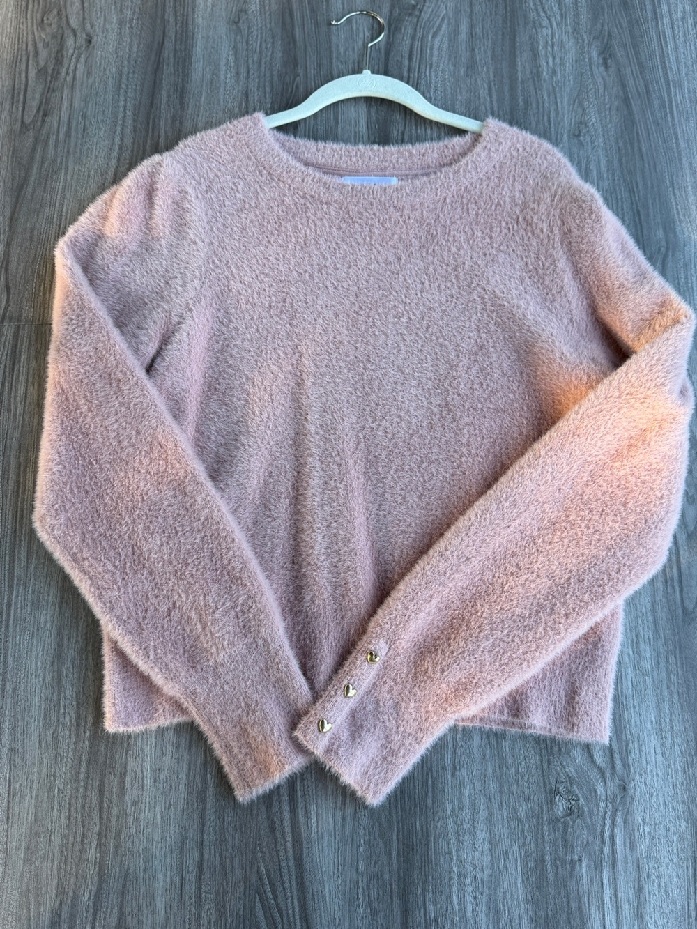 Bailey 44 Dusky Pink Fuzzy Eyelash Knit Sweater Gold Heart Button Cuff Large
